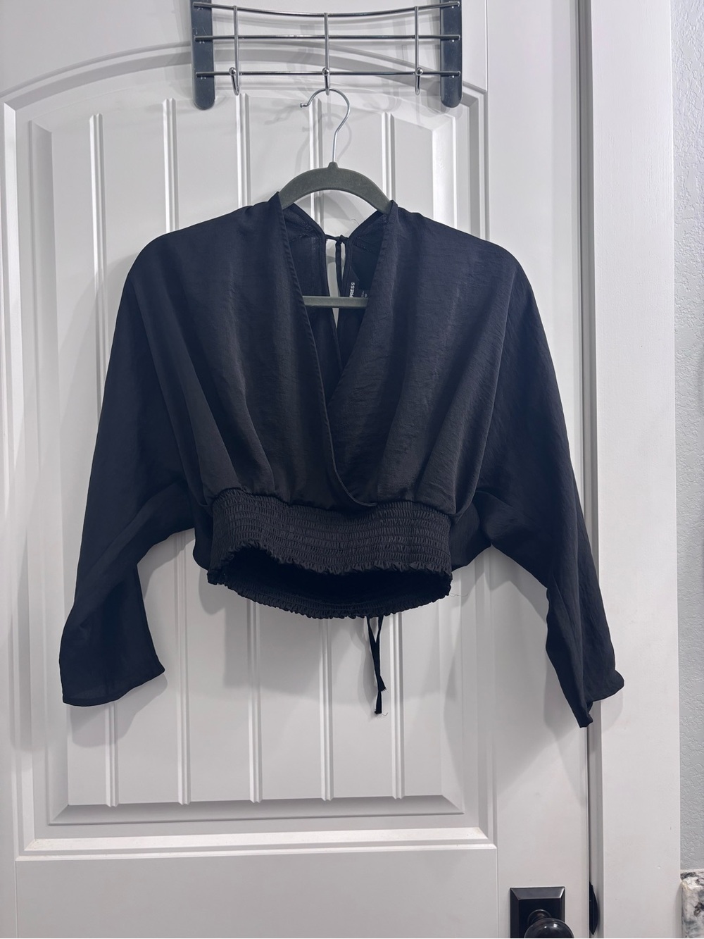 Express Black Cropped Smocked-Waist Dolman Top